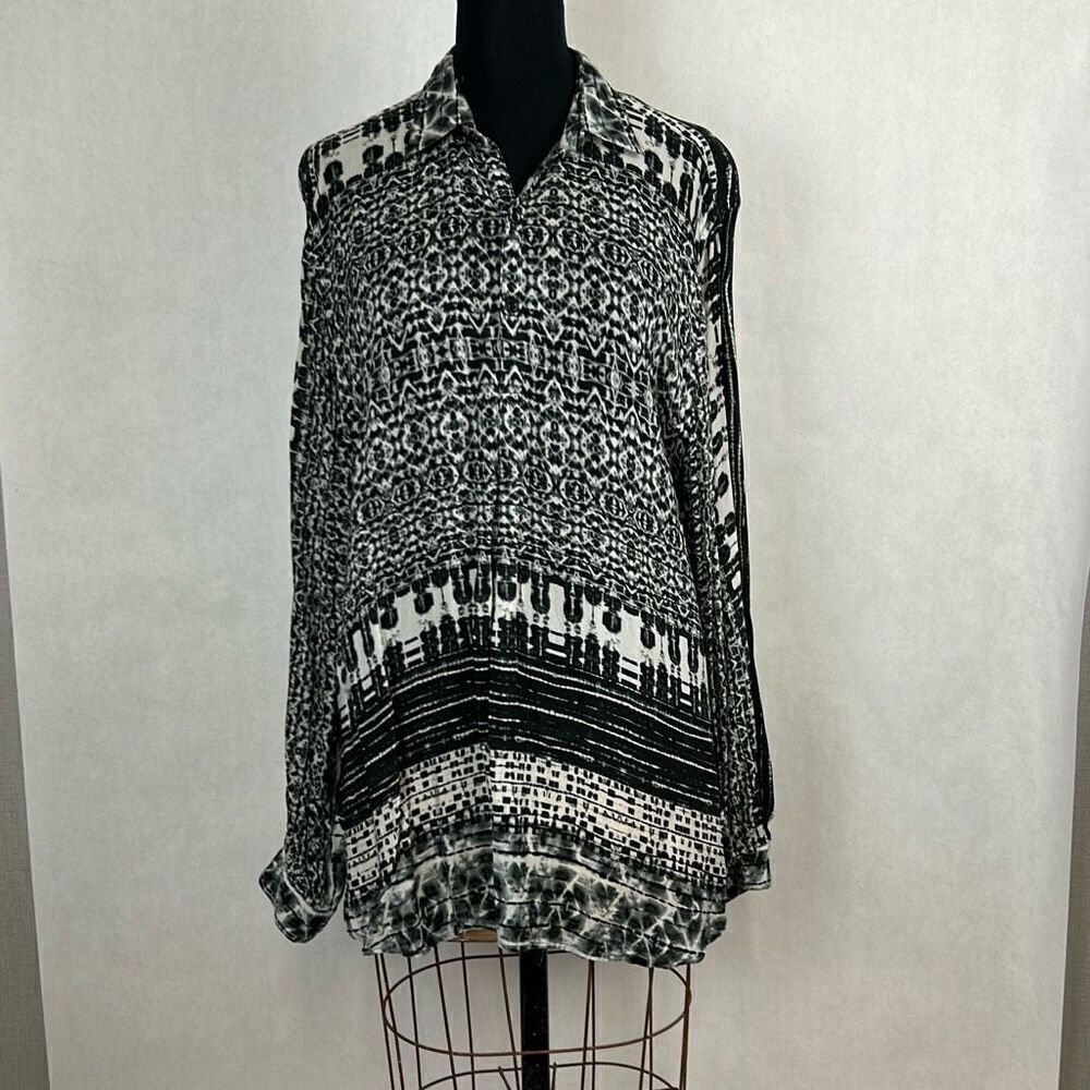 APNY Blouse Shirt Top 1/4-Button Sz XXL 2XL Black Cream Print Long Sleeve